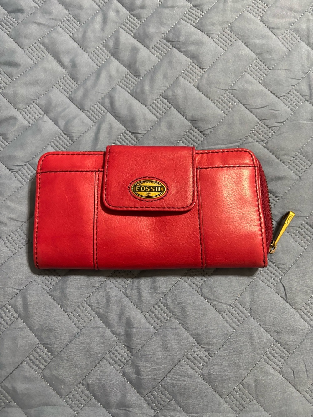 Fossil Red Leather Snap & Zip Wallet with Gold Logo